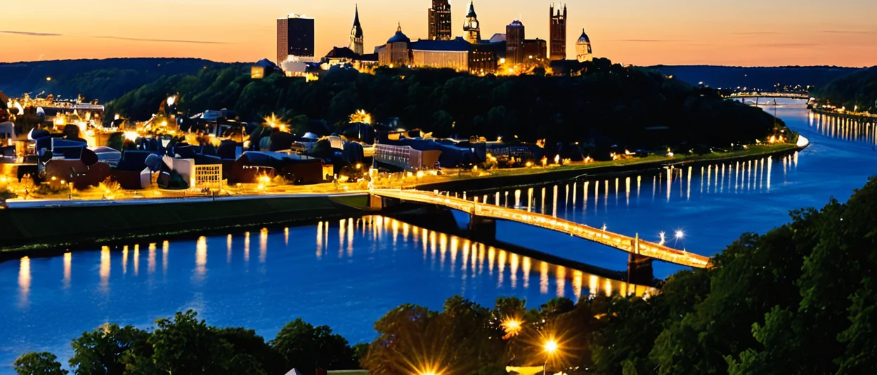 The Lehigh Valley skyline and river lit at dusk, seen from a hillside overlook