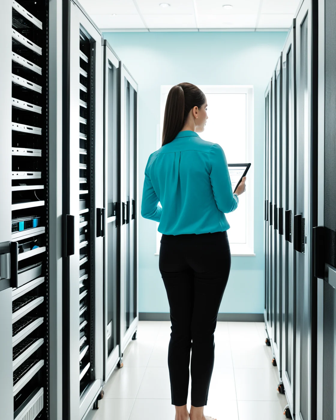 A technology advisor reviewing equipment in a client's network room