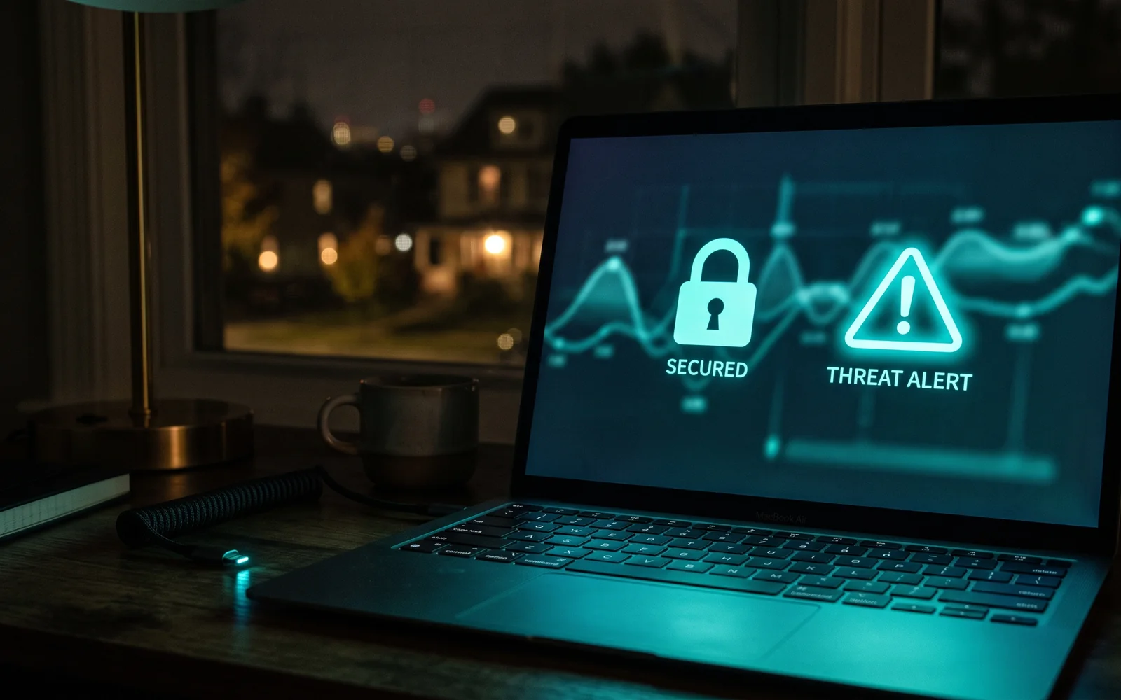 A laptop screen glowing turquoise with a threat alert dashboard, lock icon and warning triangle