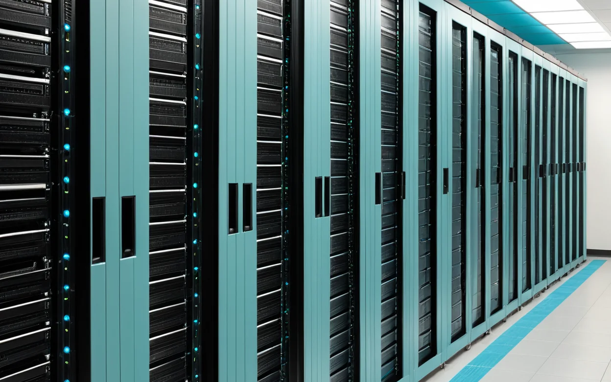 Server cabinets mid-migration with labeled cabling