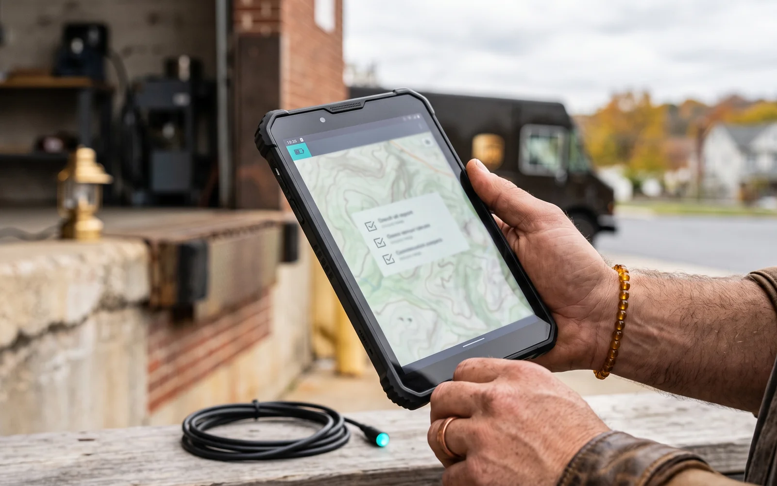 A hand holding a rugged mobile tablet outdoors, checking a checklist screen